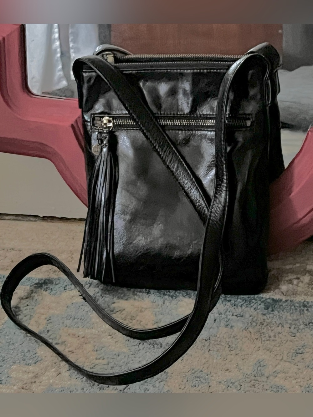 HOBO International Sarah Black Glazed Leather Crossbody Bag Tassel